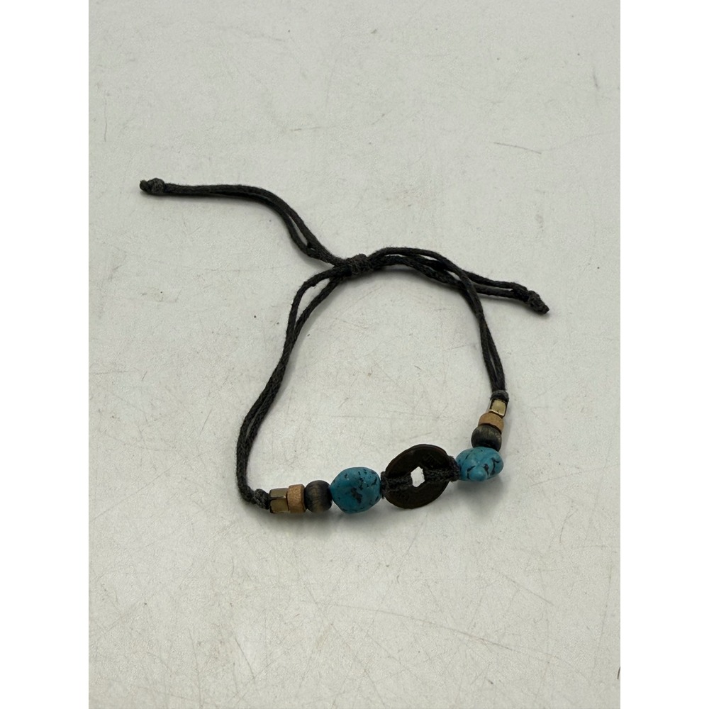 Boho Cord Bracelet Turquoise Stone Wooden Beads Chinese Cash Coin Adjustable